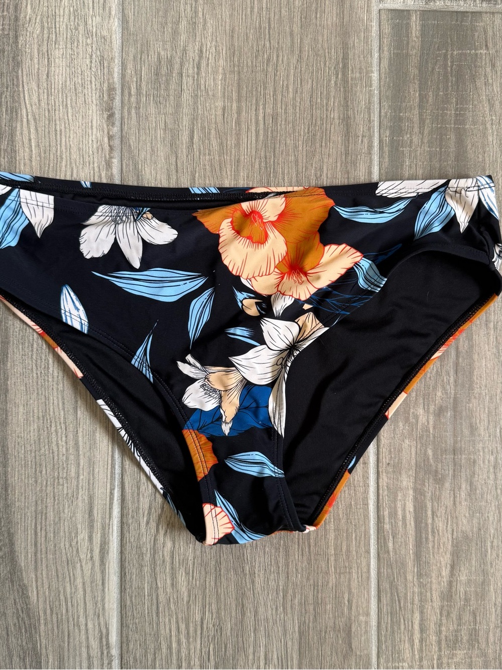 SHEIN Black Floral Bikini Bottom with Blue & Orange Blooms
